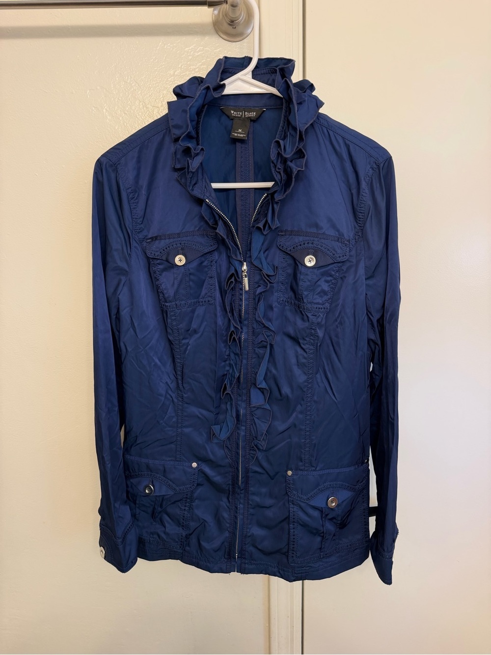 White House Black Market Blue Ruffle-Trim Utility Jacket Size Medium